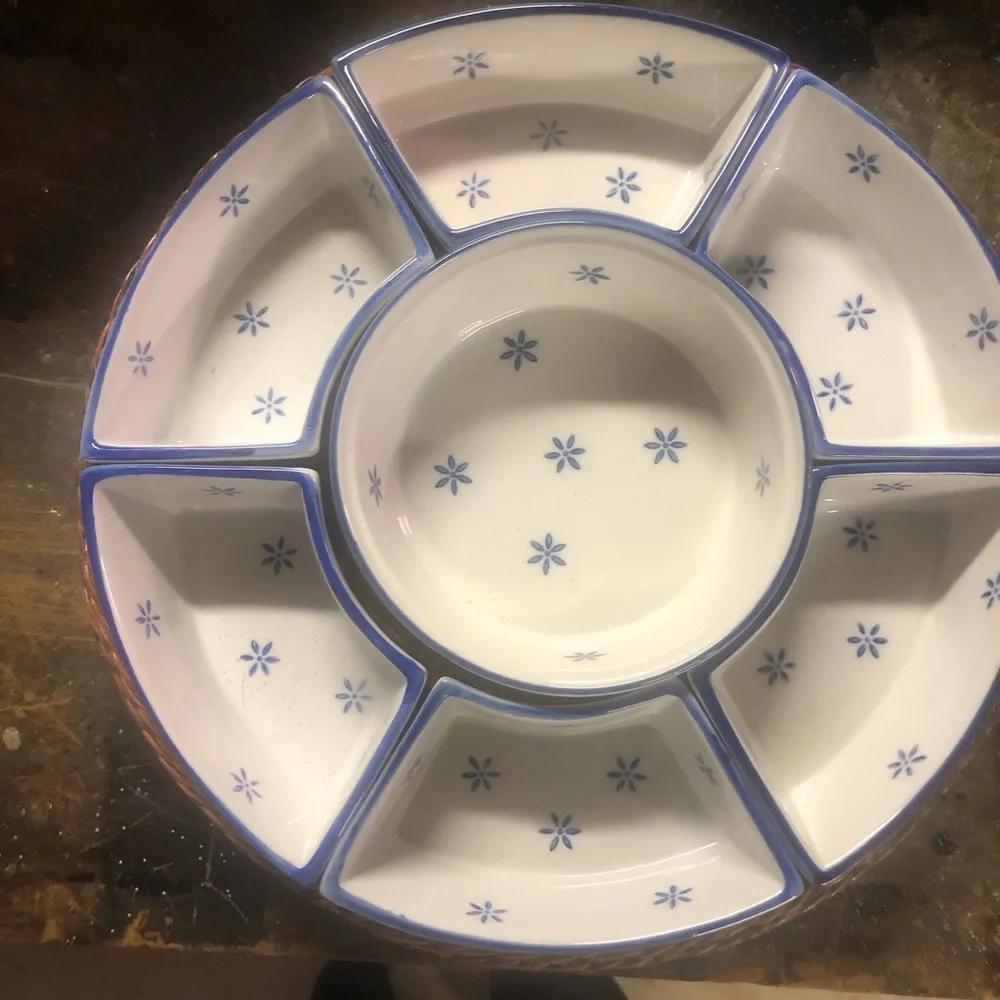 Blue and White Ceramic Divided Serving Tray with Wicker Base